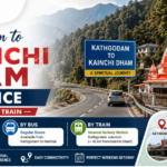 Kathgodam to Kainchi Dham travel guide infographic featuring the scenic mountain road, Kainchi Dham Temple, road, bus, and train travel options, route map, and Travocation Group branding.