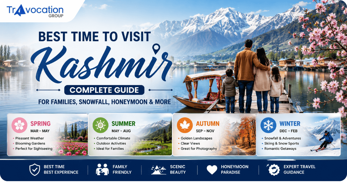 Best time to visit Kashmir travel guide featuring Dal Lake, snow-capped mountains, houseboats, seasonal attractions, and family-friendly holiday experiences by Travocation Group.