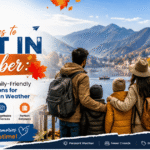 Best places to visit in October in India, featuring a family enjoying autumn scenery by a mountain lake, with Manali, Nainital, and Jaipur highlighted as family-friendly destinations.