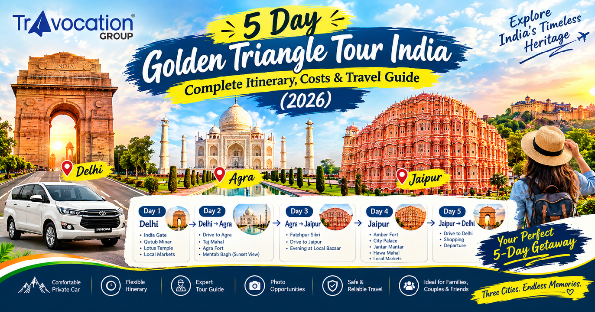 5 Day Golden Triangle Tour India featuring Delhi, Agra, and Jaipur landmarks with a complete 2026 itinerary, travel costs, sightseeing highlights, and trip planning guide.