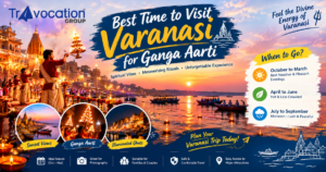 Best time to visit Varanasi for Ganga Aarti with illuminated ghats, sunset views, boats, and spiritual evening rituals