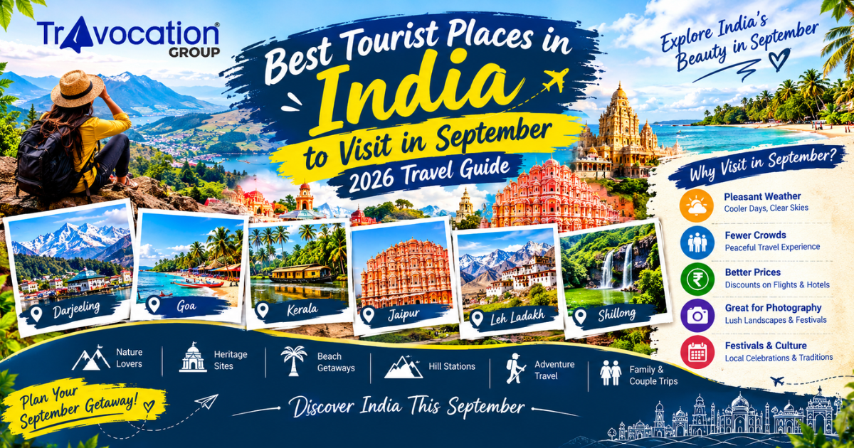 Best tourist places in India to visit in September 2026 including Darjeeling, Goa, Kerala, Jaipur, Leh Ladakh and Shillong