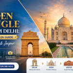 Golden Triangle Tours from Delhi featuring India Gate, Taj Mahal, and Hawa Mahal in Delhi, Agra, and Jaipur.