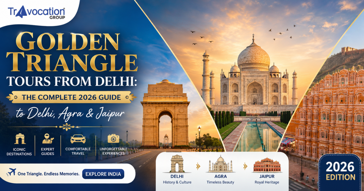 Golden Triangle Tours from Delhi featuring India Gate, Taj Mahal, and Hawa Mahal in Delhi, Agra, and Jaipur.