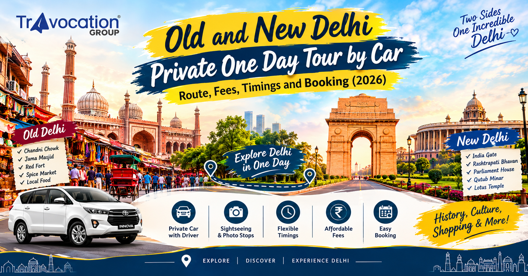 Old and New Delhi Private One Day Tour by Car featuring Jama Masjid, Chandni Chowk, India Gate, Rashtrapati Bhavan, and a private car, with route, fees, timings, and booking details for 2026.