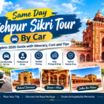 Same day Fatehpur Sikri tour by car featuring Buland Darwaza, Mughal architecture, historic landmarks, private car travel, and a complete 2026 travel guide with itinerary, cost, and travel tips.