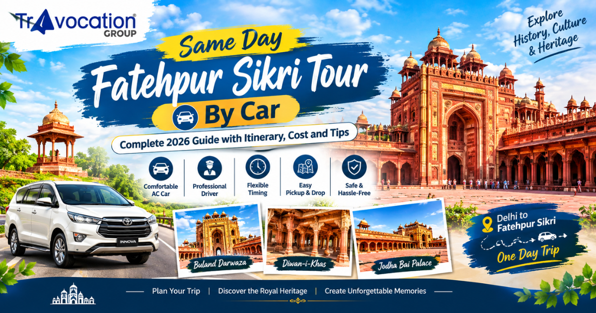 Same day Fatehpur Sikri tour by car featuring Buland Darwaza, Mughal architecture, historic landmarks, private car travel, and a complete 2026 travel guide with itinerary, cost, and travel tips.